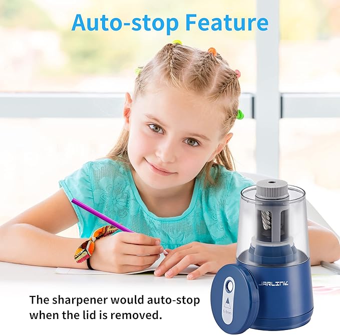 JARLINK Electric Pencil Sharpener, Heavy-Duty Helical Blade to Fast Sharpen, Auto Stop for No.2/Colored Pencils(6-8mm), AC Adapter/Battery Operated in School Classroom/Office/Home (Blue)