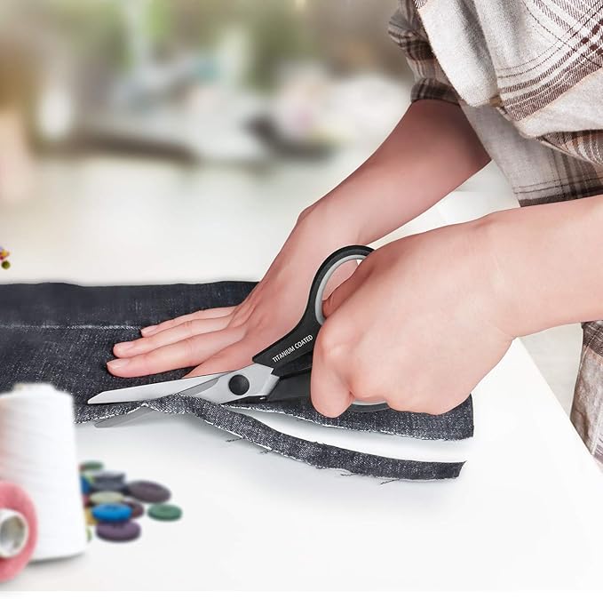 Scissors 8" Multipurpose Titanium Coated Sturdy Sharp Scissors Right/Left Handed Comfort-Grip Handles for Office Home School Sewing Fabric Craft Supplies Black