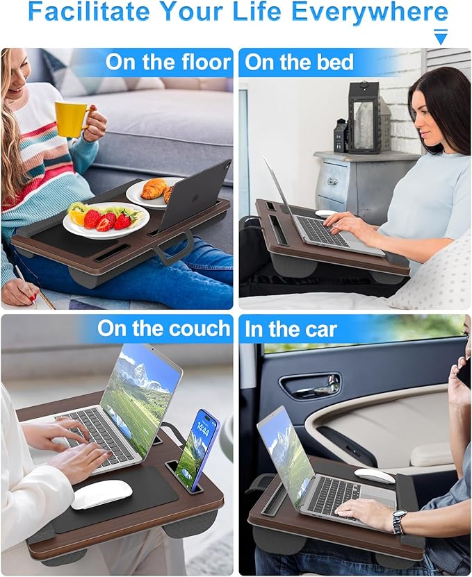 Laptop Lap Desk, Portable Large Laptop Desk for Bed, Up to 17 in Lap Table with Wrist Rest, Mouse Pad, Tablet Phone Slot, Portable Handle, Lap Tray with Cushion (Dark Brown)