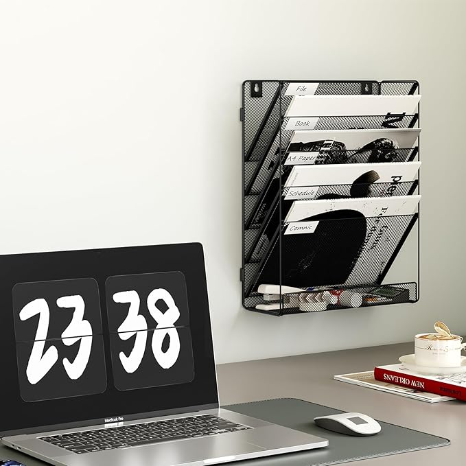 6 Tier File Wall Mounted Magazine Rack with Tray Mesh A4 Paper Organiser Mail Holder Storage No-Side, Black