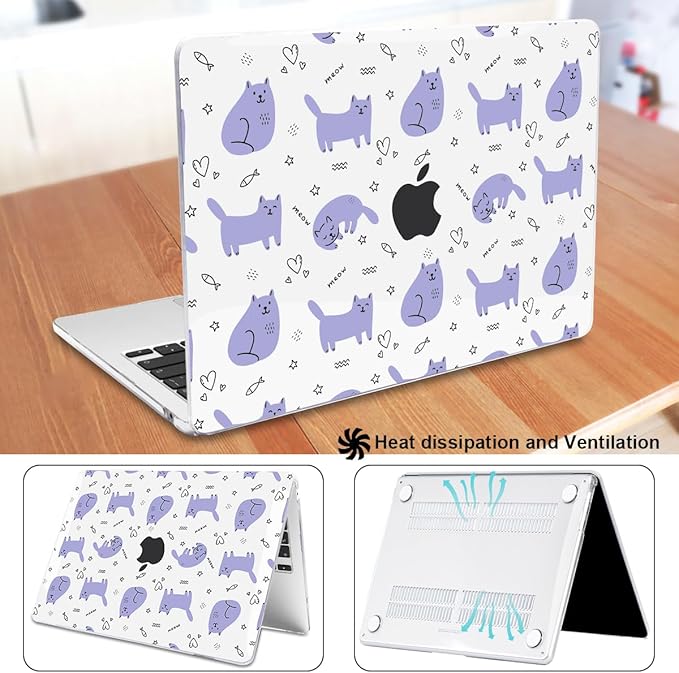 Case Compatible with MacBook Air 13.6 inch 2025 2024 2023 2022 M4 M3 M2 A3113 A2681 A3240 Cover with Liquid Retina Display Touch ID,Pattern Plastic Hard Shell for Mac Air M4, Cute Cat & Fish