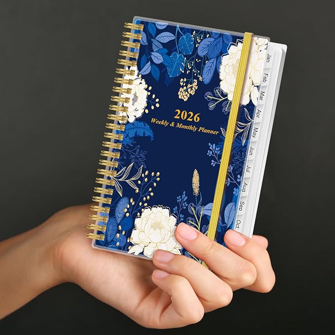 2026 Pocket Planner/Calendar - 2026 Planner from January 2026 - December 2026, Planner 2026 with 12 Tabs, Twin-Wire Binding, Inner Pocket, 3.75" x 6.75, Blue Leaf Flower