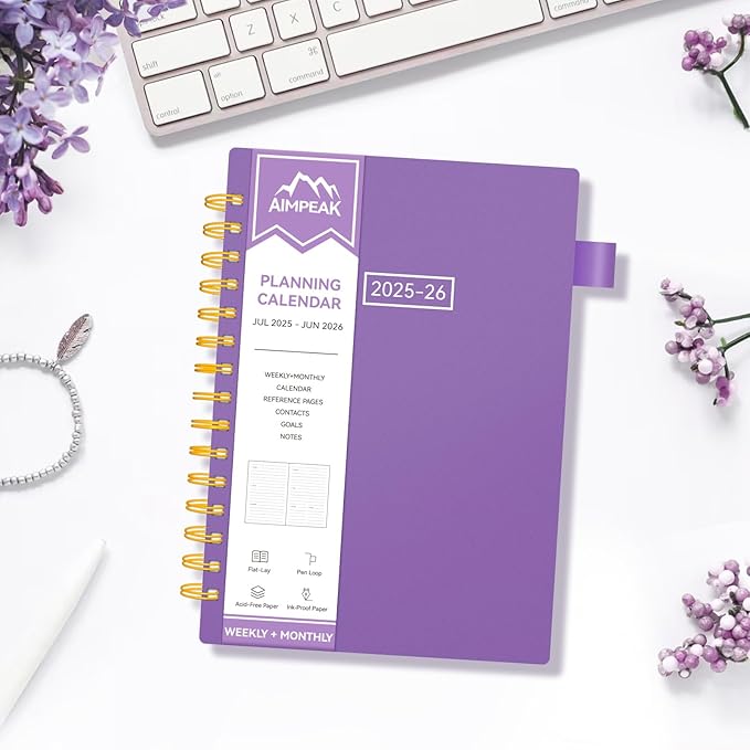 Planner 2025-2026, Weekly and Monthly Planners for Teacher & Student,Jul.2025 - Jun.2026, AIMPEAK Daily Calendar Planner with Monthly Tabs, Pen Loop, Flexible Waterproof Cover, Purple, 5.5" x 8.5"
