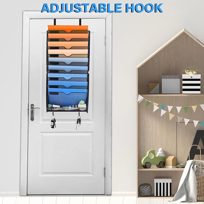 Wall File Organizer, 10 Pockets Mesh Hanging File Organizer, Wall Mount File Paper Folder Holder With Hooks, Wall Organizer Magazine Document Mail for Office School, Black