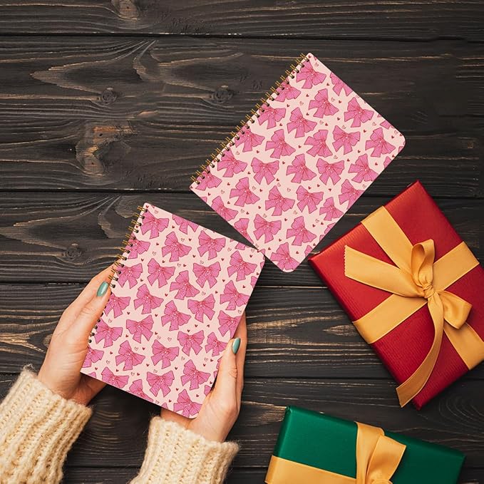 2 PCs Pink Bow Spiral Notebook Trendy Preppy Journaling Notebooks Cute Aesthetic Design Gifts for Women Teen Girls Note Books Journals for Writing Hardcover Notebook Office Classroom Supplies