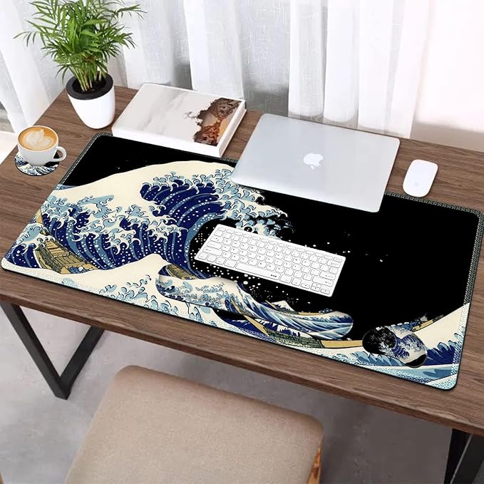 AIMSA Large Gaming Mouse Pad Set, Keyboard Wrist Rest Support Mouse Pad, Ergonomic Memory Foam Multifunctional Extended Desk Mat 35x15.7in Anti-Slip Rubber Base for Office Home, Big Waves