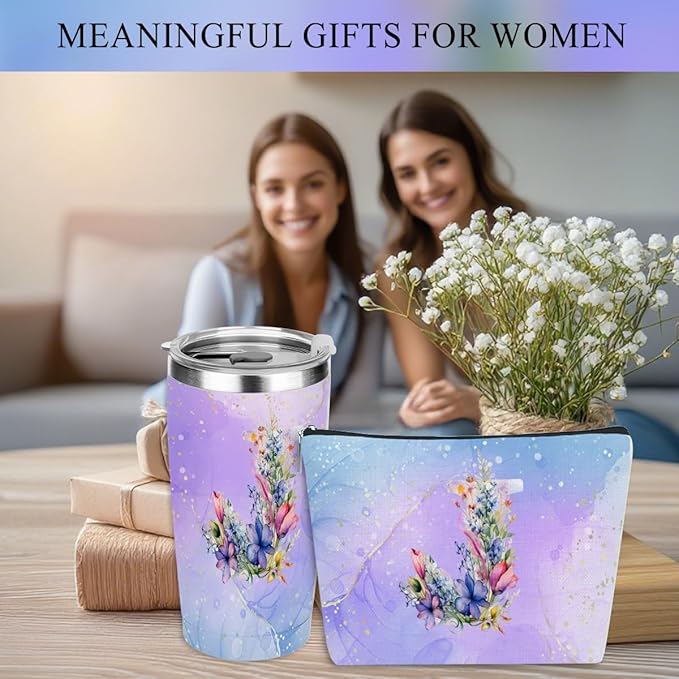 Personalized Gifts Monogrammed Birthday Gifts for Women, Maid of Honor Bachelorette Wedding Christmas Initial 20 oz Tumbler, Makeup Bag Cup Pens Journal Notebook 6 Set, (Aesthetic Purple Flower J)
