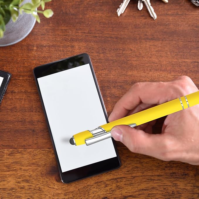 24 Pcs Blue Ink Ballpoint Pen with Stylus Tip 2 in 1 Ballpoint Pen 1.0 mm Blue Ink Metal Stylus Pen for Touch Screens Coworkers, Family, Colleagues, Office (Yellow)