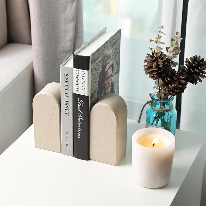Koville African Natural Marble Bookends for Shelves, 7lbs Heavy-Duty Marble Book Holders, Decorative Book Ends, Bookshelf Apartment Decor for Normal Books/CD/Video Games