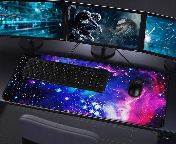 Large Extended Gaming Mouse Pad with Stitched Edges, (31.5X15.7In) Durable Non-Slip Natural Rubber Base, Waterproof Computer Keyboard Pad Mat for Esports Pros/Gamer/Desktop/Office/Home, Galactic Blue
