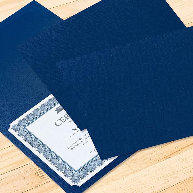 Plain Blue Certificate Folders - Pack of 25, Linen Cover 80 lb. Stock, Folded, Die-Cut Corners, for Office, Business Awards, Graduation, School Diploma Holder, 9-1/2" x 12"