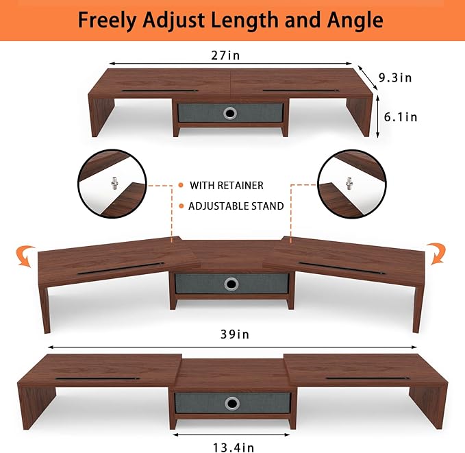 WESTREE Dual Monitor Stand Riser with Drawer - Adjustable Length and Angle, 2 Phone Hold, Desktop Organizer for Computer/Laptop/PC/Printer