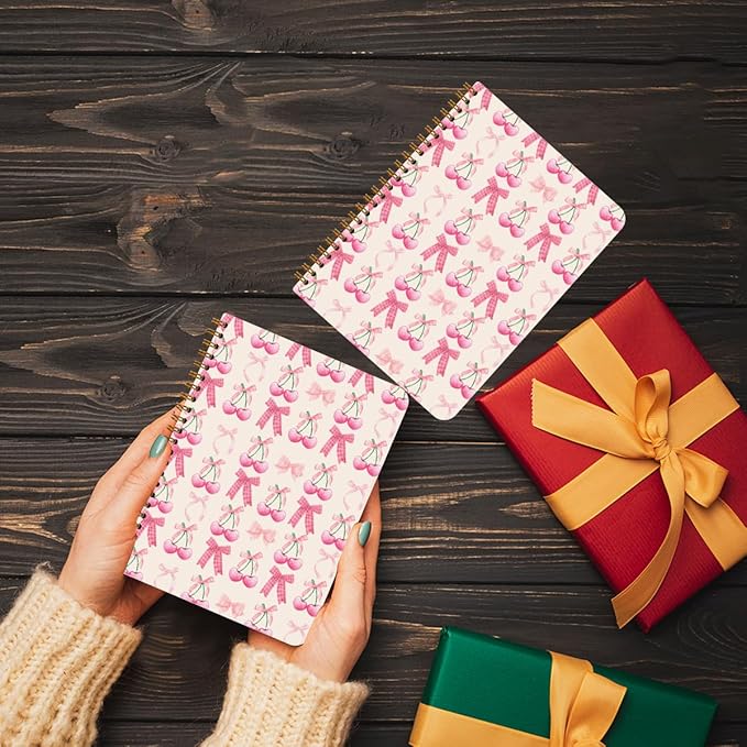 2 PCs Pink Bow Cherry Spiral Notebook Trendy Preppy Journaling Notebooks Cute Coquette Gifts for Women Teen Girls Note Books Journals for Writing Hardcover Notebook Office Classroom Supplies