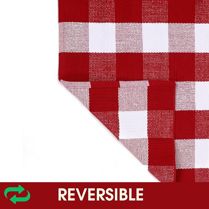 Christmas Red and White Plaid Rug - 24 x 51 Inches Outdoor Front Door Decor Mat Cotton Washable Hand-Woven Rug Christmas New Year Holiday Porch Entryway Layered Doormat