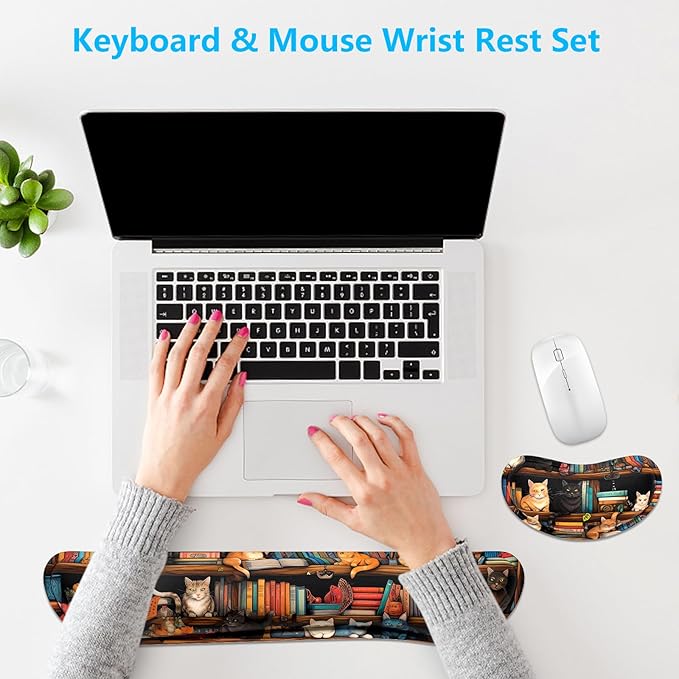 Dapesuom Enlarge Keyboard Wrist Rest, Memory Foam Wrist Cushion for Desk Mats Support, Cute Typing Pain Relief Keyboard Mouse Pad Rests Set with Non-Slip Base for Gaming Laptop Computer, Library Cats