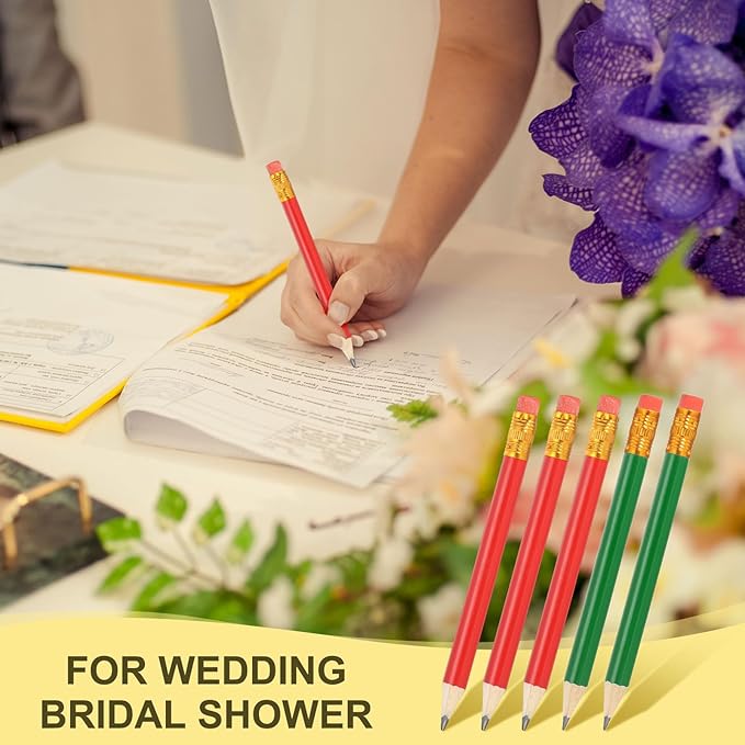 MECCANIXITY Golf Pencils with Erasers, 4" HB Mini Half Pencils Pre Sharpened Small Pens for Wedding Bridal Shower Game Office Writing Drawing(Green/Red, Pack of 50)