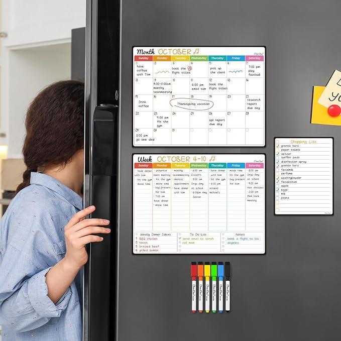 Magnetic Dry Erase Monthly Calendar Set - 14.5"x11" Monthly and Weekly Calendar, 6.5"x8.5" List Board for Fridge - 6 Extra Fine Point Markers Included - Shipped Flat