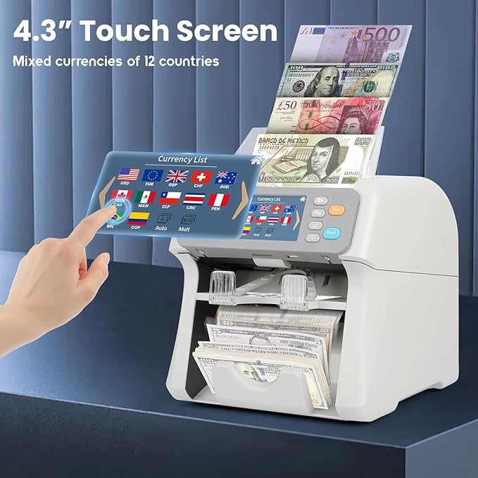 RIBAO MC-165 Two-Pocket Mixed Denomination Money Counter Machine, Value Counting, White Bill Counter Multi Currency, CIS/UV/MG/IR Counterfeit Detection for Business