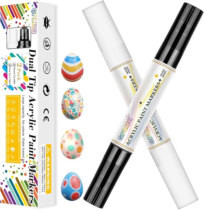 Paint Markers Paint Pens - 2 Pack Dual Tip Acrylic Permanent Marker (0.7mm & 3mm), Non-Toxic, Water-Based for Art Painting, Stone, Ceramic, Glass, Wood, Fabric, Metal, DIY Crafts (Black/White)
