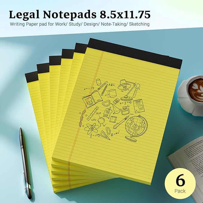 Legal Pad 8.5 x 11 Notepad, 6 Pack Lined Paper College Ruled 8.5 x 11 Legal Pads, Double-Side Printed Yellow Paper Note Pads 8.5 x 11 Writing Paper Pads 30 Sheets Per Note Pad for School, Home, Office