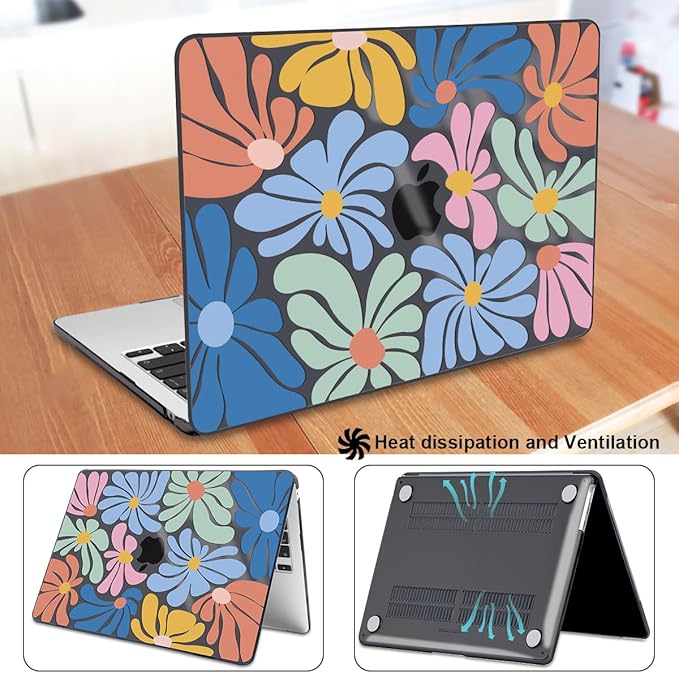 for MacBook Air 13.6 Inch Case 2025 2024 2023 2022 Release Model M4 A3240 M3 A3113 A2681 M2, Pattern Plastic Hard Shell Cover for Mac Air 13 M4 Liquid Retina Display, Colorful Flowers Black