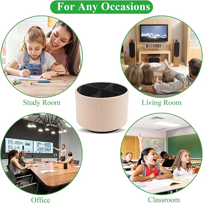 Hennaja Round Leather Art Supply Organizer,Remote Control Holder,360 Degree Spinning,Multi-Functional Pencil Holder,4 Compartments Desktop Stationary Organizer(1-Weave Khaki)