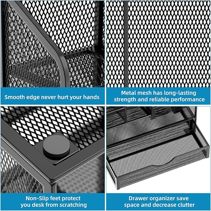 Marbrasse Mesh Pen Holder for Desk, Multi-Functional Pencil Organizer with Drawer, Desk Organizers and Accessories for Office Art Supplies (Black)