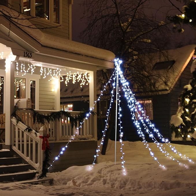 Yescom Cold White 12FT LED Waterfall Cone Tree Light with Star Finial 9 Strings 362 LED Star Lights Christmas Decoration Party Yard Outdoor