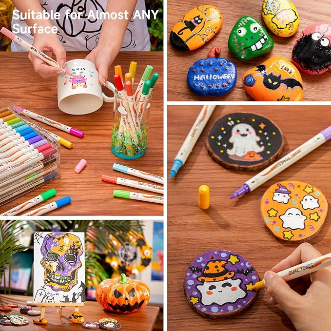 Shuttle Art 60 Pack Dual Tone Acrylic Paint Markers, 120 Colors Acrylic Paint Pens for Rock Painting, Ceramic, Wood, Canvas, Glass, Stone, Fabric, Card Making, DIY & Art Supplies