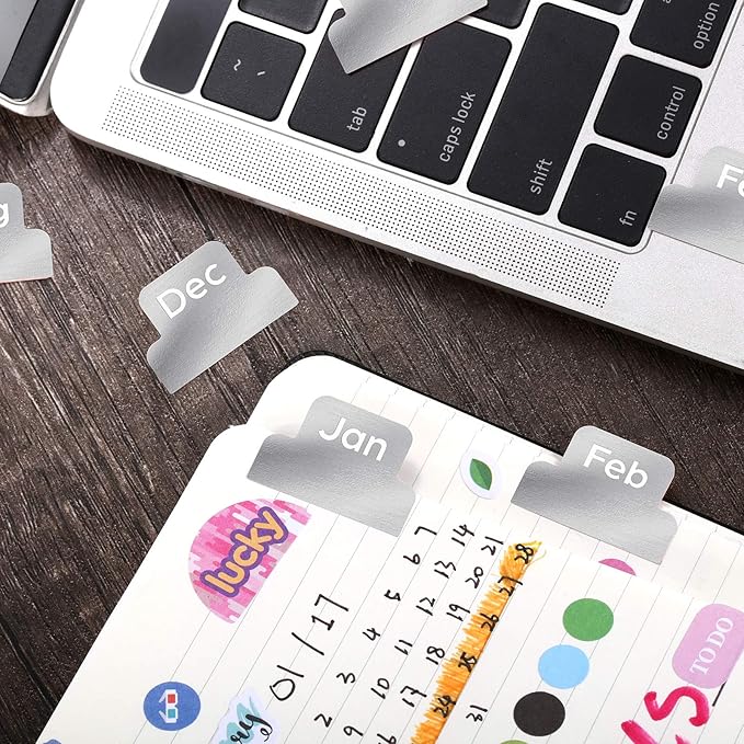 72 Pieces Adhesive Monthly Planner Tabs Monthly Index Stickers Decorative Label Calendar Stickers for Office Study Planner Journal Notebook Back to School Accessories(Silver)