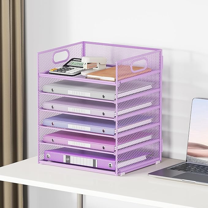 6 Tiers Letter Tray Paper Organizer with Handle, Mesh Desk File Organizer, Metal Desktop Document Shelf Organization, Paper Sorter Organizer for Office, Home or School File Folder Holder - Purple