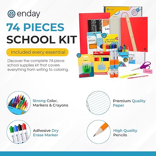 Enday 2nd and 3rd Grade School Supplies Kit - 74 Piece Back to School Supplies Kit, Premium Quality Kids School Supplies for Girls & Boys, Second & Third Grade Elementary School Supplies for Kids