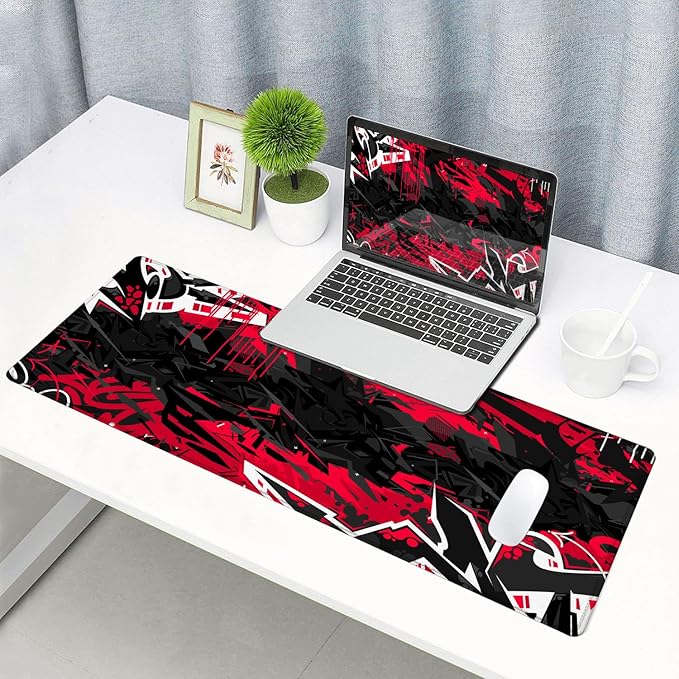 Mouse Pad Gaming, Large XXL Mouse Pads, Non-Slip Rubber Base Mousepad, Keyboard Mouse Mat Desk Pad with Stitched Edges, 31.5x11.8 inch Black Red