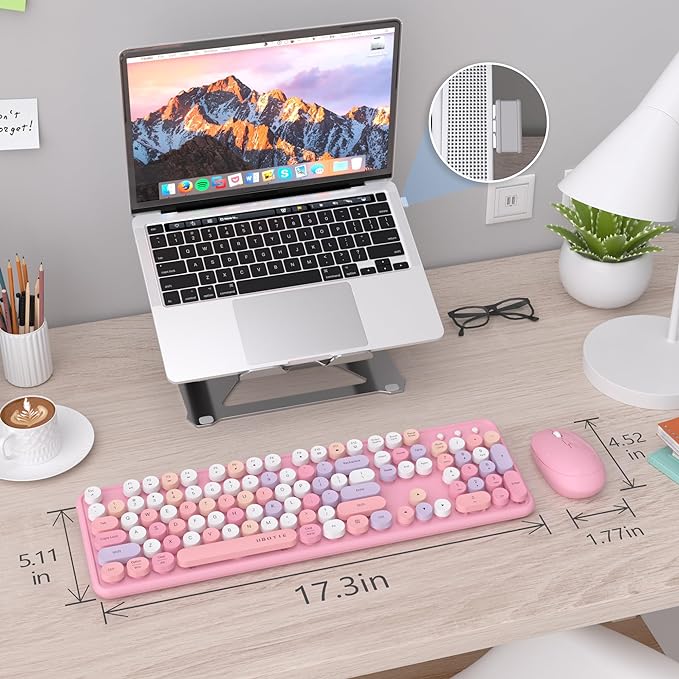UBOTIE Colorful Computer Wireless Keyboard Mice Combo, Retro Typewriter Flexible Keys Office Full-Sized Keyboard, 2.4GHz Dropout-Free Connection and Optical Mouse (Pink-Colorful)