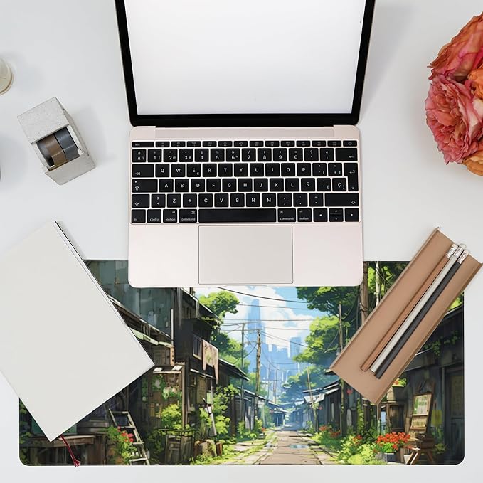 Anime Abandoned Town Desk Mat, Large Gaming Mouse Pad with Non-Slip Base and Stitched Edge, 35.4"x15.7"