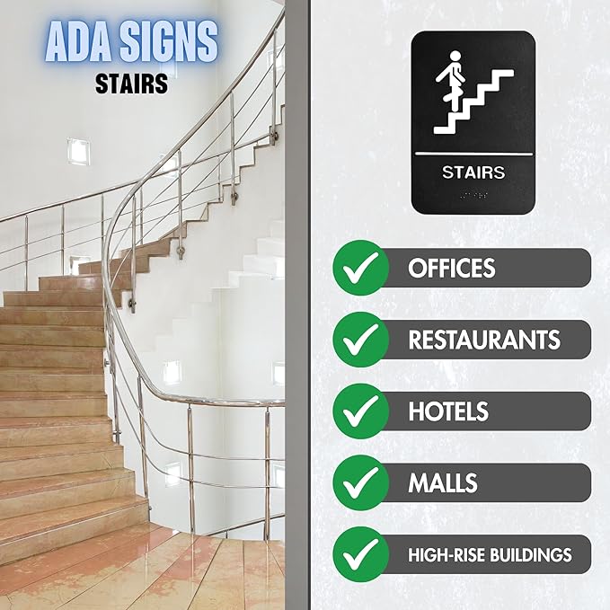 ADA Stairs Sign with Braille with Adhesive Back - Durable and Wipe Clean Plastic - 9"X6" - Black and White - Business Restaurant Signage for Indicating Stairs - ADA Compliant - 1 PK