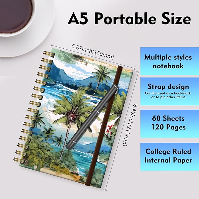 Spiral Journal Notebook, A5 Cute Notebooks for Women Men, College Ruled Hardcover Notebook for Work & Note Taking, 60 Pages Double-Wire Journals for Writing, Cute Island