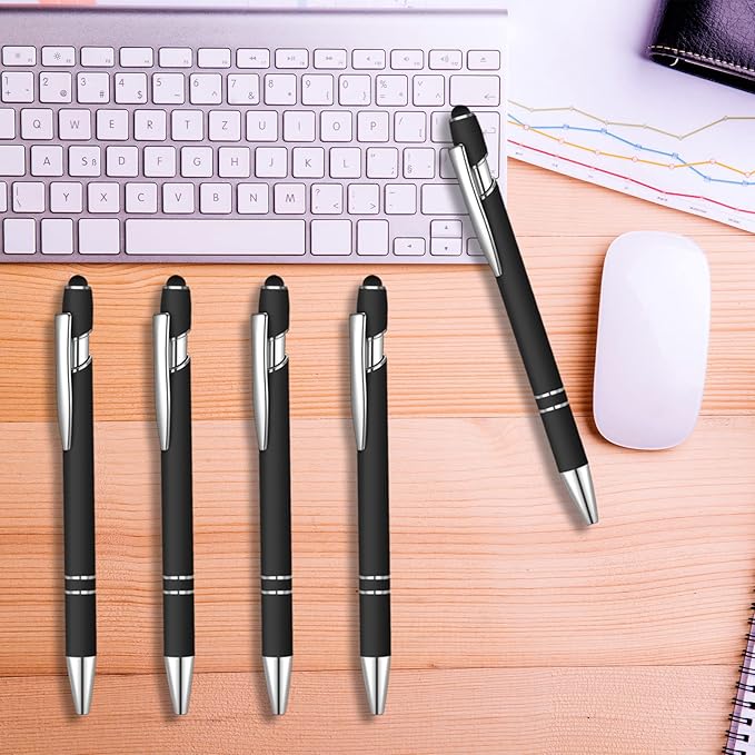 8 Pcs Blue Ink Ballpoint Pen with Stylus Tip 2 in 1 Stylus Ballpoint Pen Metal Pens Stylus Pen for Touch Screens School Office Coworkers (Black)
