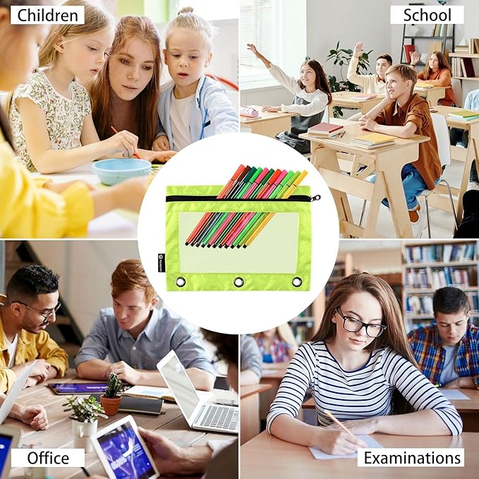 Gredecor Binder Pencil Pouch 3 Ring Lime Geen Zipper Pencil Pouches Case 2 Pack Clear Binder Organizer for School Office