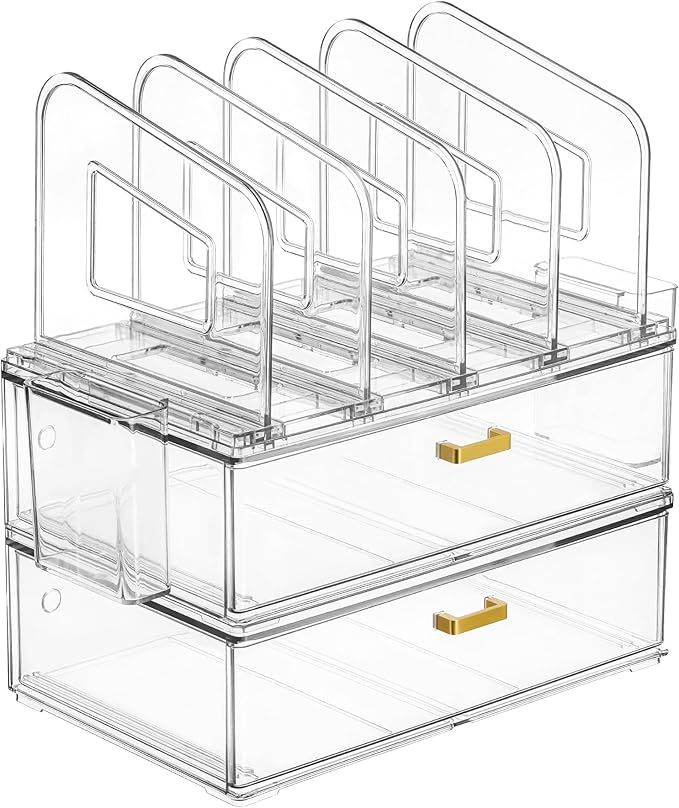Acrylic Desk Organizer Set, 2 Pack Stackable Drawer Organizer with 4 Vertical File Sorter and 2 Pen Holders, Desktop Storage for Files, Letter, Documents, Office Supplies, Desk Accessories