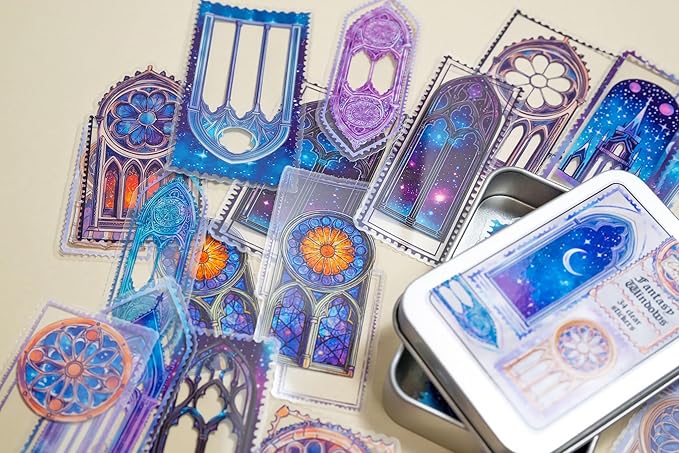 34 Pcs Fantasy Windows Sticker Set with Collectible Tin Box – Vintage Inspired Scrapbooking Stickers for Journals, Planners, Cards, DIY Crafts, Collage, Decorative Stationery & Creative Projects