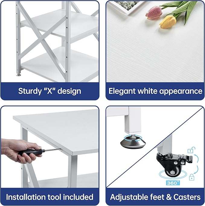 Large Printer Stand with Height Adjustable Storage Shelf, 23.6 x 23.6 Inches Square Printer Table with Industrial Wheels, Multi-use 3 Tier Rolling Printer Cart for Home Office - White