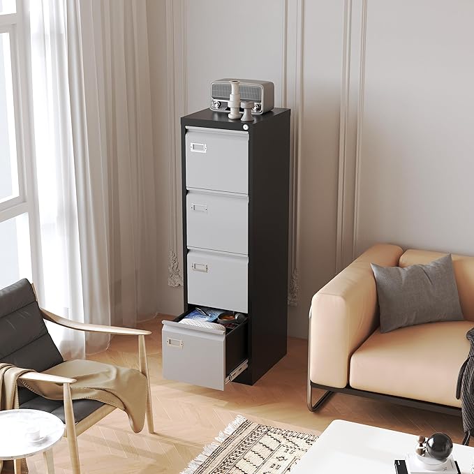 File Cabinets - 4 Drawers Vertical 17.8" Deep Lockable Filing Cabinet - Black & Gray Metal Storage Cabinets for Home Office to Hanging Files Letter/Legal/F4/A4 Size