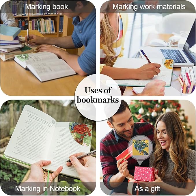 Cute Floral Leather Bookmarks 4Pcs, Van Gogh Oil Painting Making Corner Bookmark, Fun Book Accessories for Reading Book Lovers, Personalized Page Markers(Rose Sunflower Irises Poppies )