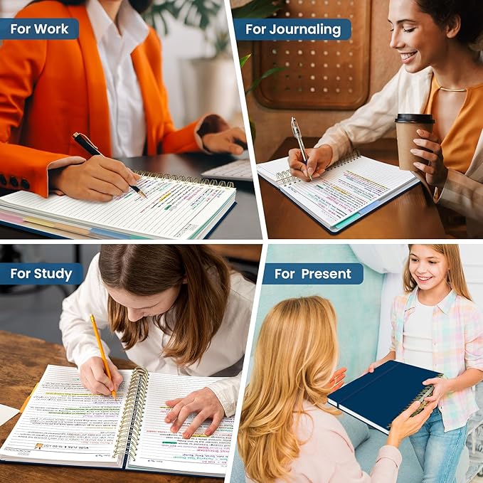 Hardcover Spiral Journal Notebooks for Work With Removable Dividers & Tabs, 8.5"x11" 5 Subject Notebook for Note Taking & Organizer, A4 College Ruled Lined Journal for Women & Writing, Navy Blue, 280 Pages