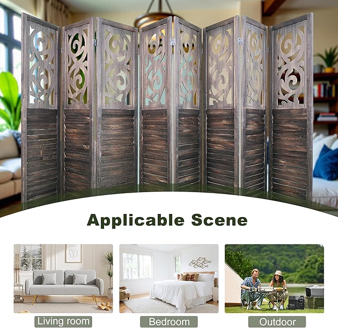 NicBex 8 Panel Room Divider,5.6FT Wood Carved Room Dividers,Folding Privacy Screens Portable Freestanding Partition Wall Dividers for Room Separation,Home Bedroom Office,Rustic Brown