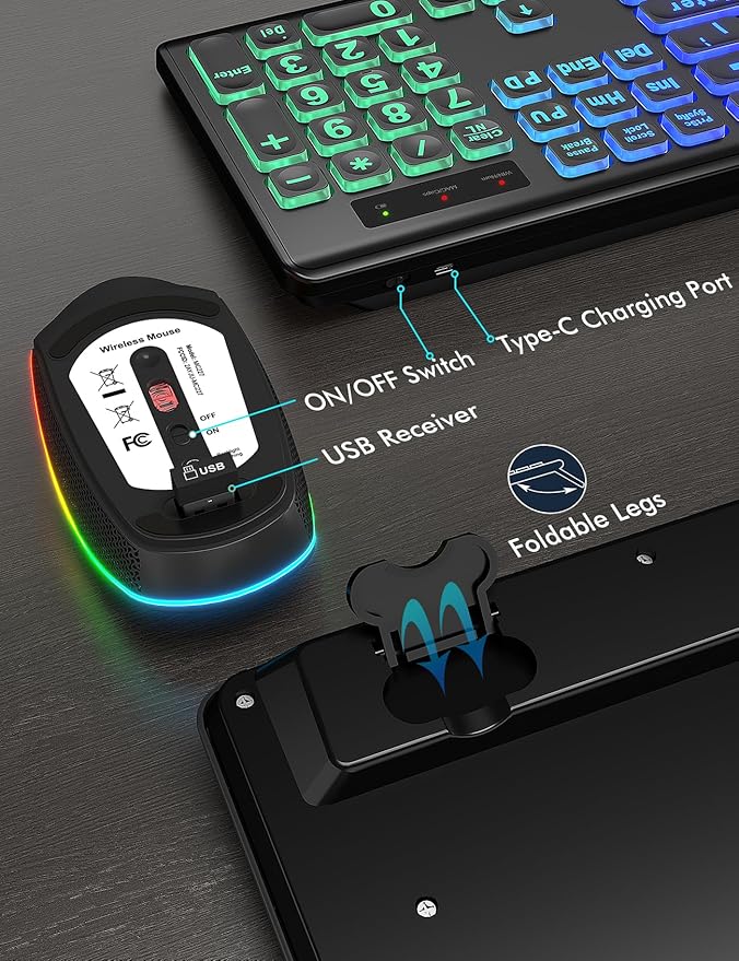 Wireless Keyboard and Mouse Combo - Large Print, RGB Backlit, Oversize Light Up Letters, Rechargeable, Ergonomic Tilt Leg, Sleep Mode, 2.4GHz Quiet Keyboard Mouse for Mac, Windows, Laptop, PC, Trueque