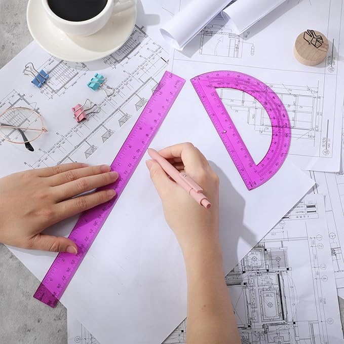 Zonon 2 Pack 12'' Plastic Ruler and 6'' Plastic Protractor Set Clear Ruler Protractor Set Math Geometry Supplies for School Classroom Home Office Drawing(Purple)