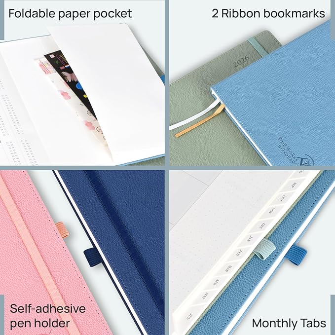 POPRUN 2026 Weekly & Monthly Planner Calendar, 8.5" x 10.5" Large, Horizontal Layout with Lined Sections, Jan. 2026 - Dec. 2026, Leather Hardcover, 100GSM Paper, Inner Pocket - Midnight Green