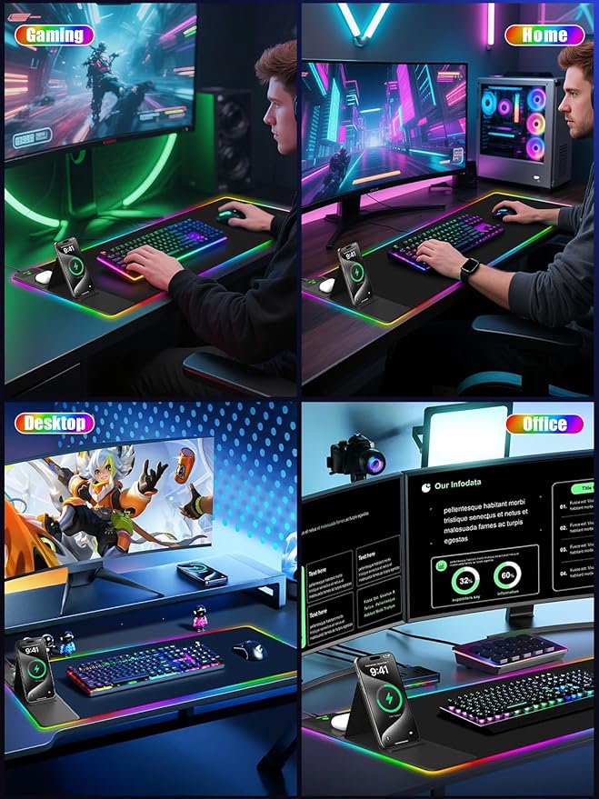 Mouse Pad with Foldable Phone Holder & Wireless Charger, XXL RGB Gaming Mousepad 31.5"x15.8" Large Desk Mat for Keyboard, Black Desk Pad with Dual Qi Charging Station | 11 Colors 5 Modes | Waterproof